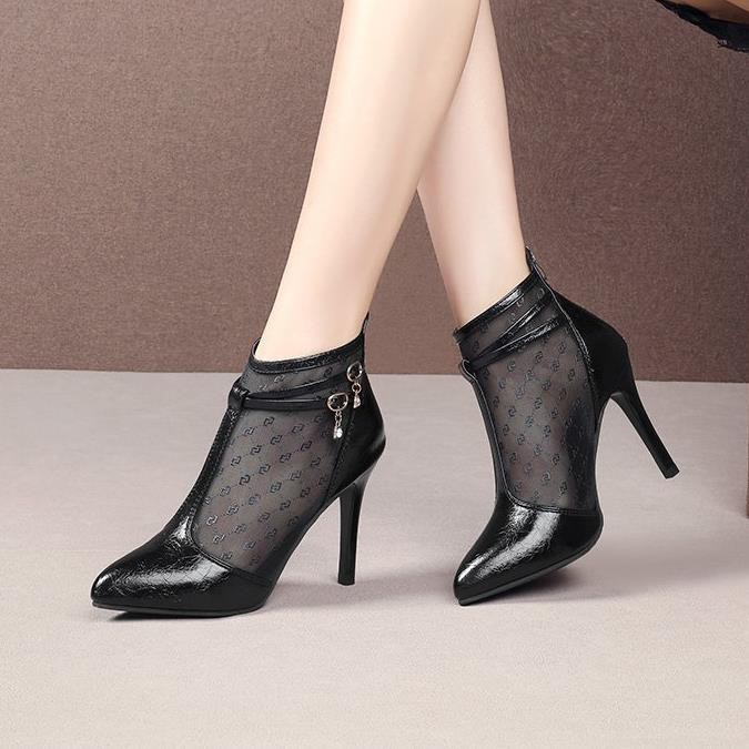 ✣⊕┅Net gauze sandals women 2021 new pointed-toe boots fine-heeled hollow high-heel Baotou Roman