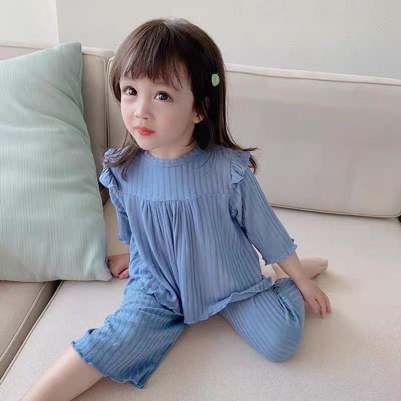 Bộ dài tay cho bé, đồ bộ bé gái chất gân lạnh siêu mềm mại, kiểu dáng đáng yêu Xu Xu Kids size từ 8 đến 22kg