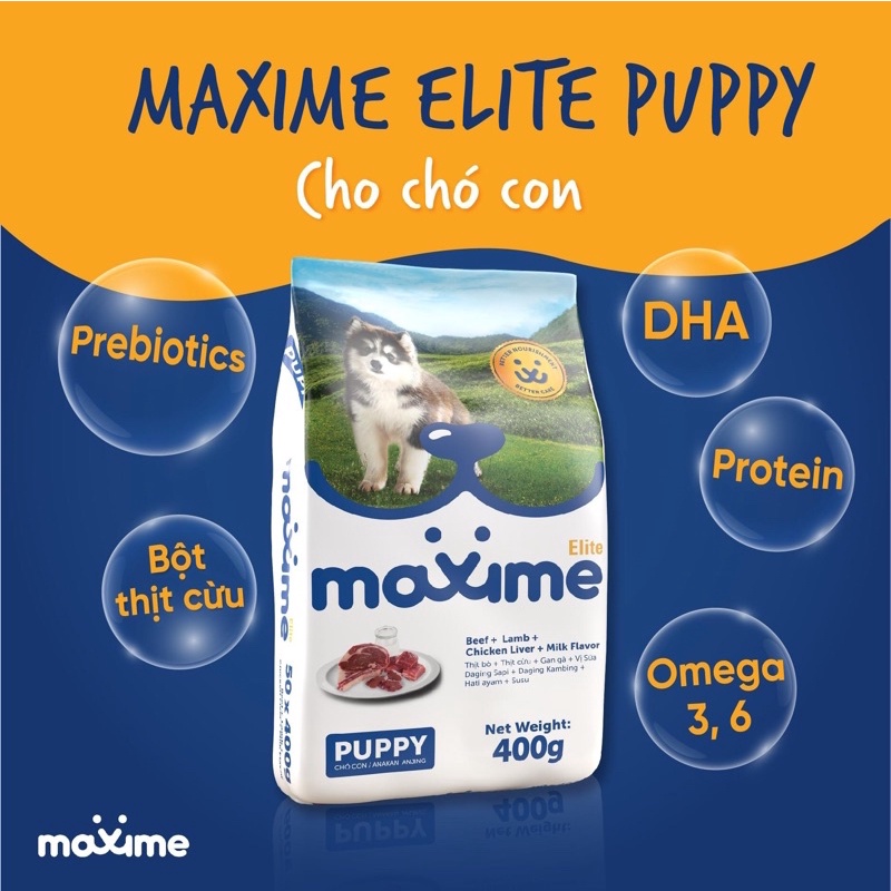 Thức Ăn Cao Cấp Cho Chó Con Vị Bò,Cừu,Gan Gà&amp;Sữa Maxime Elite Puppy 400g