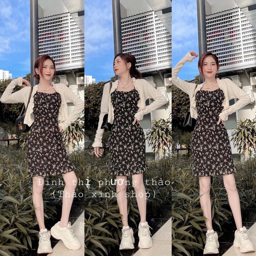 [Mã FATHANG5 giảm 10K đơn 50K] SET ĐẦM HOA ĐEN 2 DÂY LAI BÈO KÈM KHOÁC | BigBuy360 - bigbuy360.vn