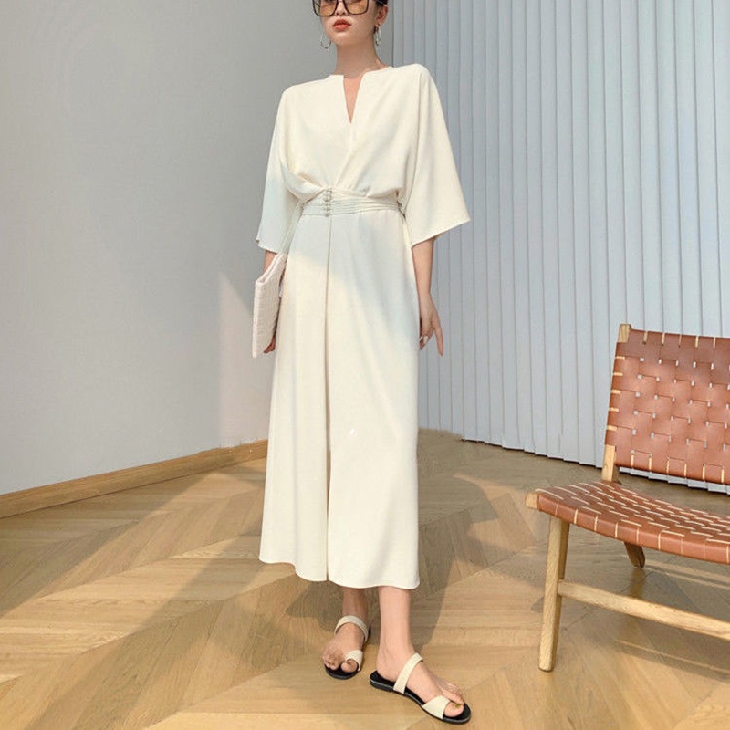 Đầm Nữ Cổ Chữ V Có Nút Gài Phong Cách Vintage Thời Trang