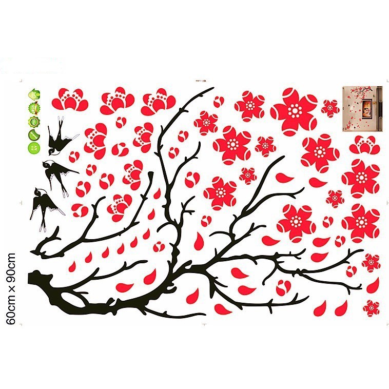Decal trang trí, hình dán trang trí hoa đào hoa mai đỏ khổ 60*90 (mẫu 5)