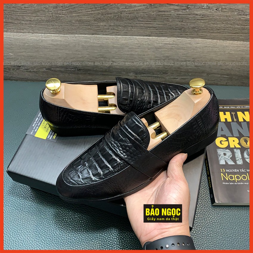 Giày da nam BẢO NGỌC K111 - Giày lười nam da bò dập vân cá sấu băng đục cao cấp - Đế cao su đúc khâu chắc chắn cao 3cm