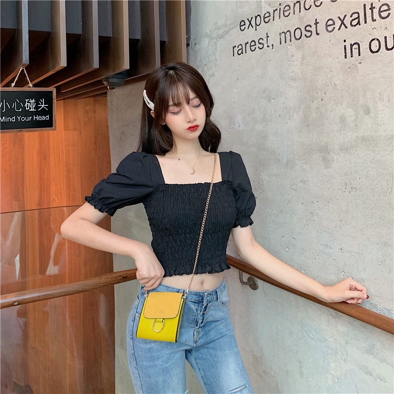 IELGY Áo Crop Top Tay Ngắn Vải Chiffon Thời Trang