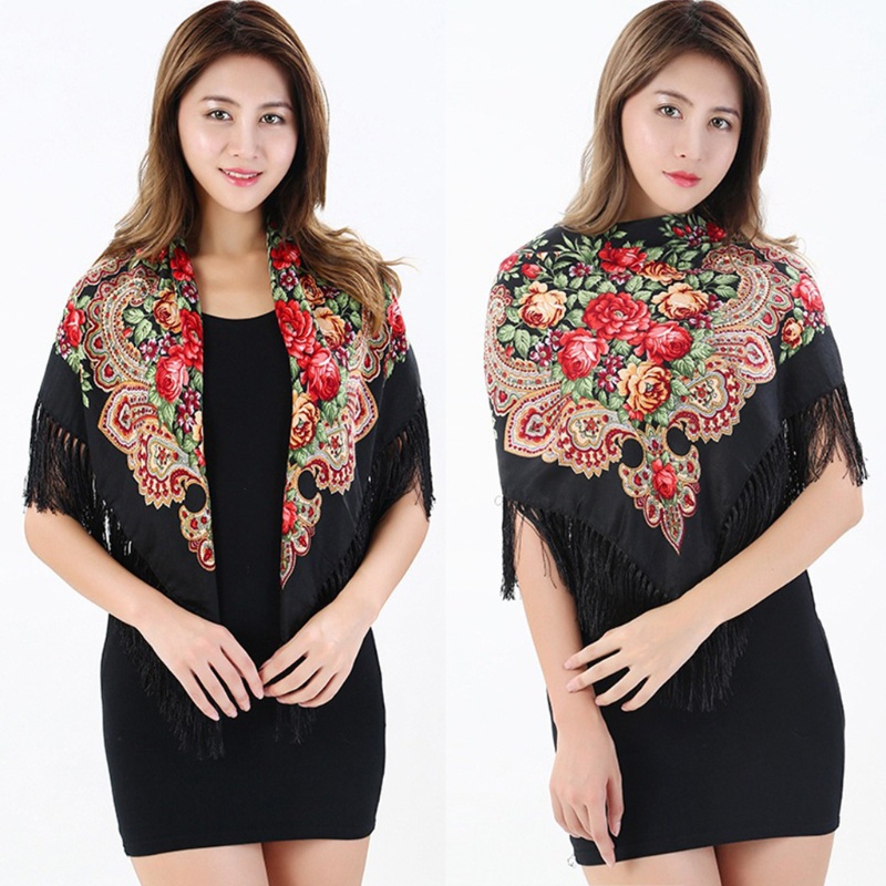 Khăn Choàng Nữ In Hoa Tua Rua Thời Trang