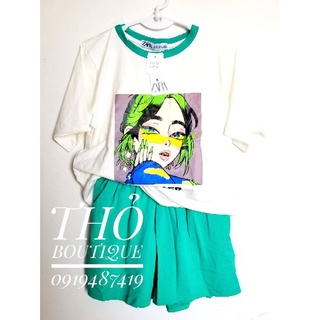 [HÀNG MỸ] Set bộ FOREVER21 thun cotton lạnh cổ tròn tay ngắn in hình cô gái quần short xanh lục