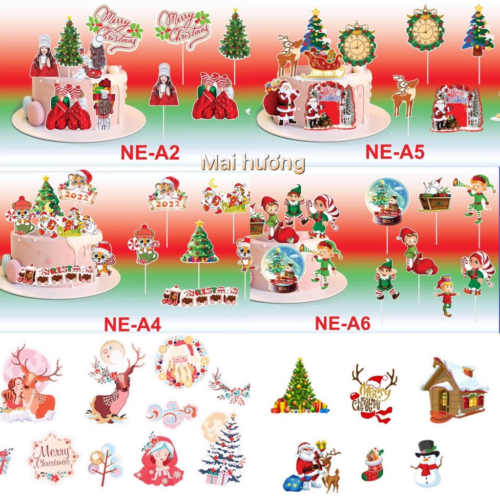 Phụ kiện trang trí bánh sinh nhật bánh kem - Set thẻ cắm ông gài noel, cây thông trang trí bánh sinh nhật bánh kem