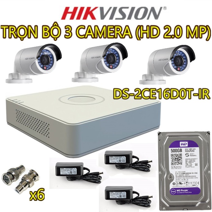 TRỌN BỘ 3 CAMERA HIKVISION DS-2CE16D0T-IR (HD 2.0MP) + ĐẦU GHI HÌNH DS-7104HQHI-k1+ ổ cứng western 500G