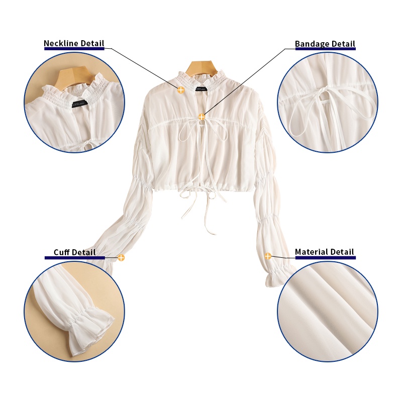 Áo kiểu ZANZEA tay phồng dài xếp ly cổ đứng phối dây rút thời trang cho nữ