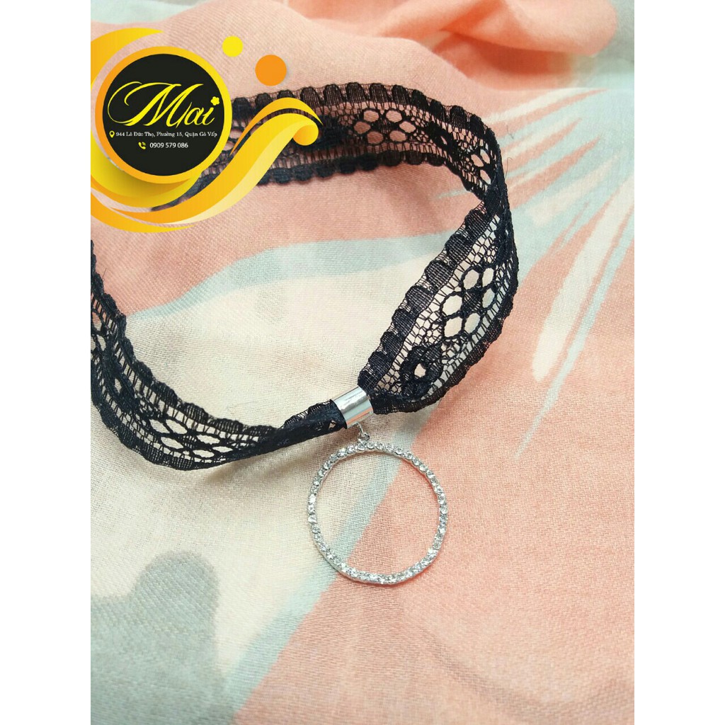 Vòng cổ choker ren chỉ thiết kế mặt đá O-Ring đính đá pha lê cao cấp xung quanh MAIT-0411