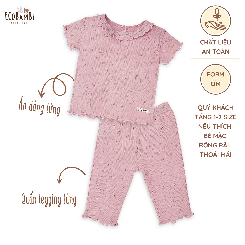 Bộ cotton thun Hàn bé gái tay ngắn, QUẦN LỬNG kiểu dệt jacquard hoa nhí Ecobambi