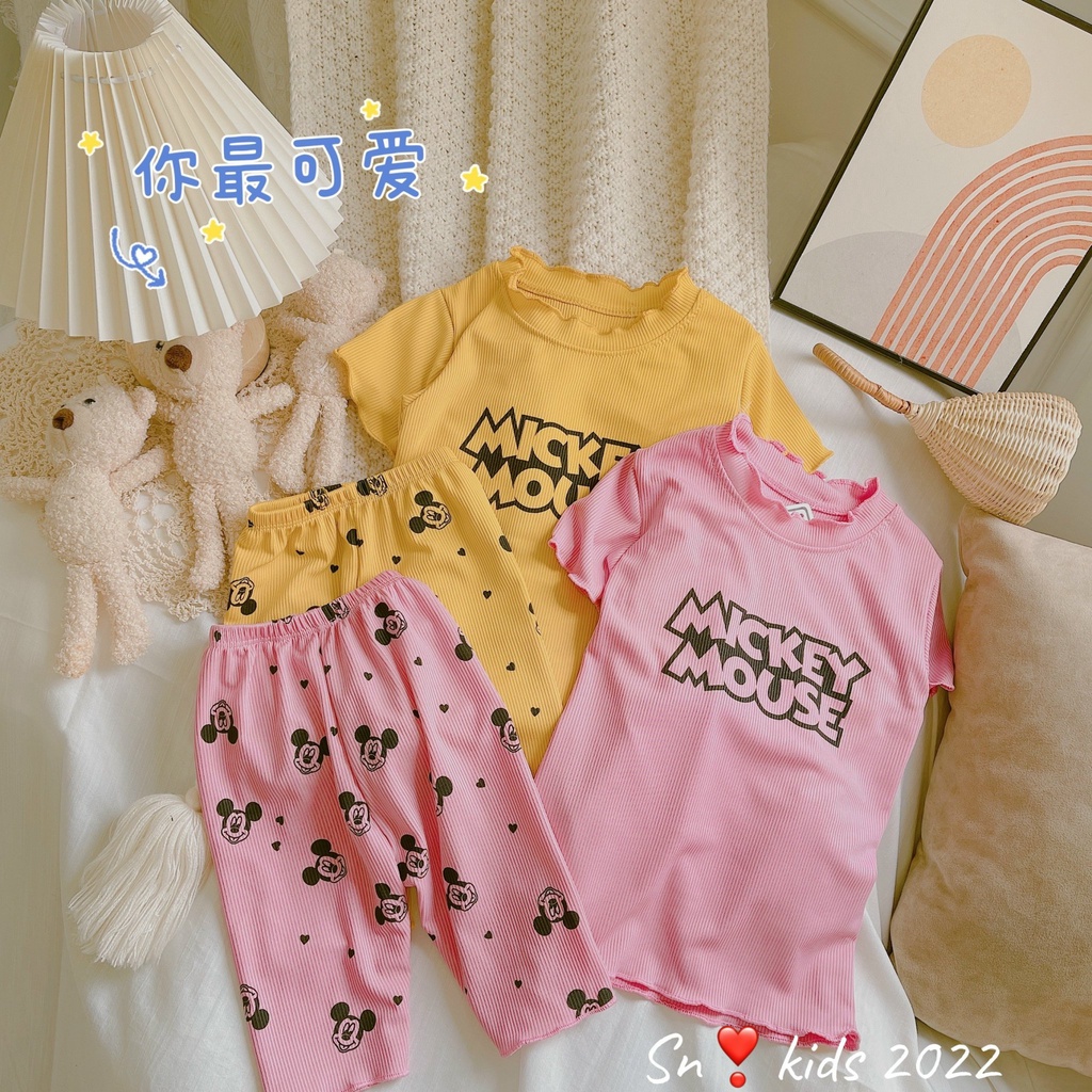 Bộ cộc tay bé gái, bộ tăm lạnh QC Mickey Mouse sóng viền cổ cho bé