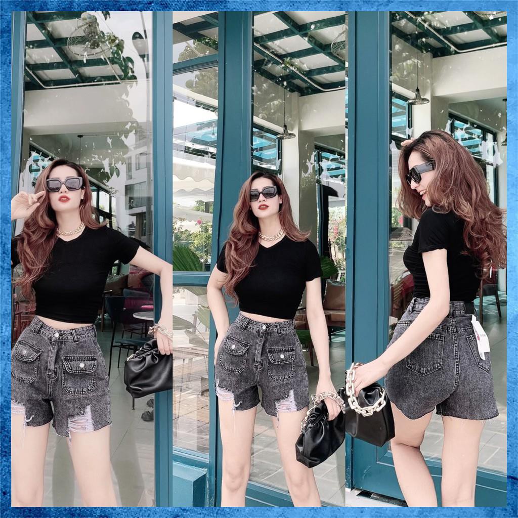 [Jeans nữ thiết kế] Quần sooc bò rách, quần shorts jeans lưng cao, túi nắp 1 khuy. Mã S7095