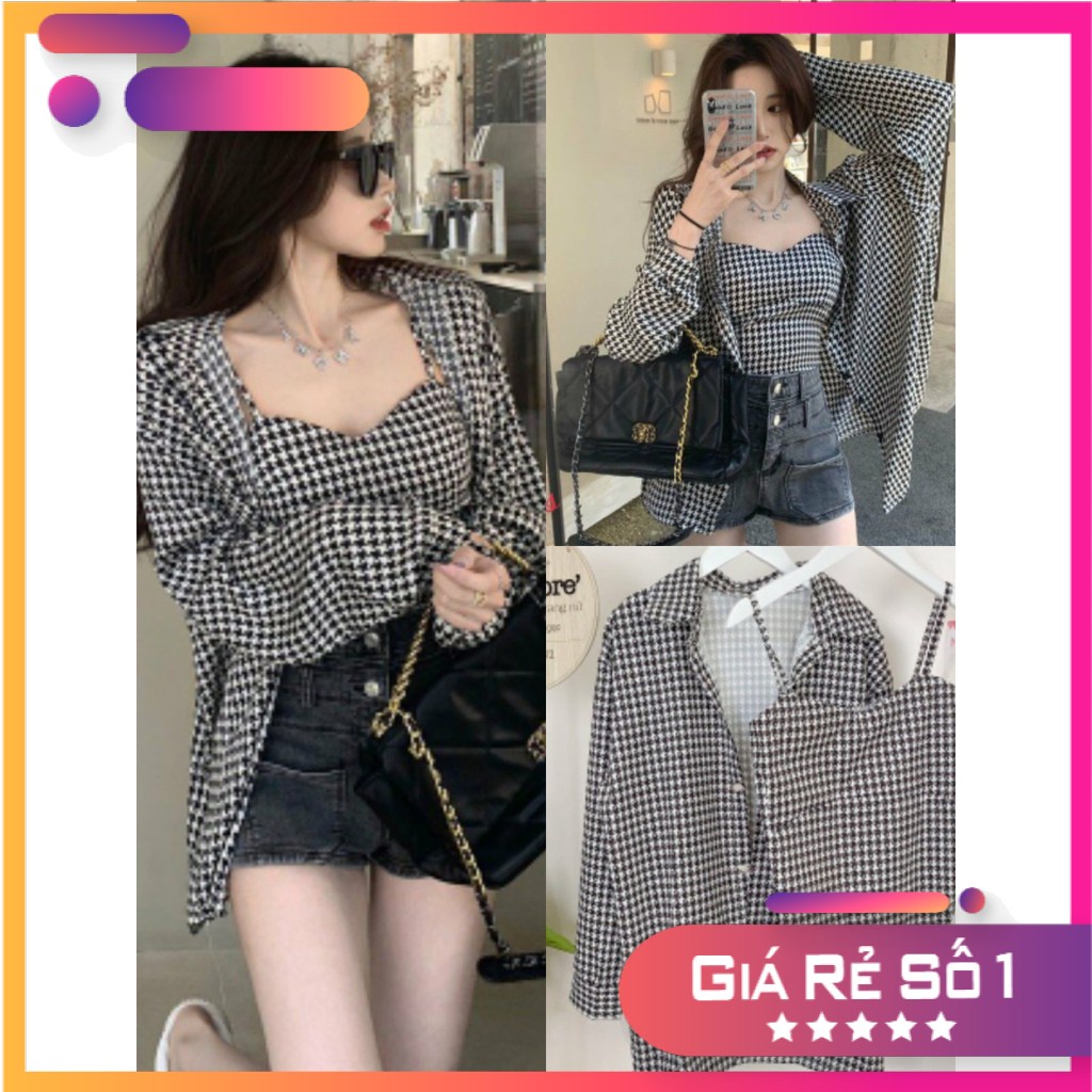 Bộ Áo Sơ Mi Áo 2 Dây Kẻ Ô Vuông ,Áo Khoác Nữ Kèm Áo Ngắn X078