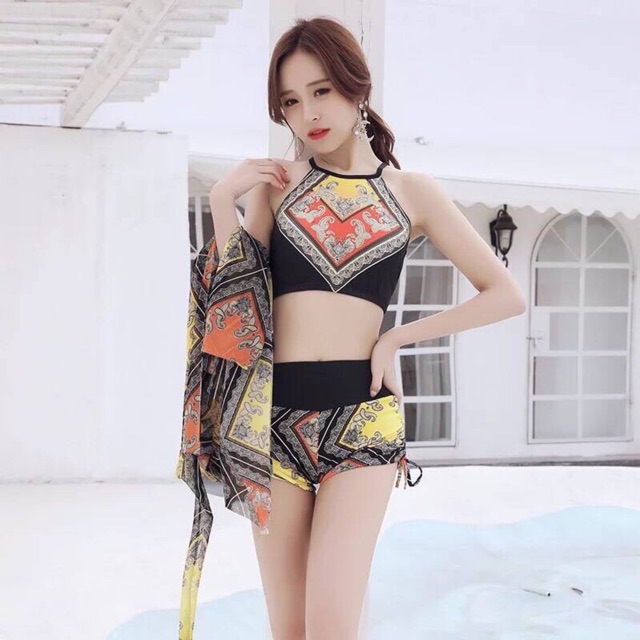 Bộ bơi áo tắm 3 chi tiết hoạ tiết thổ cẩm