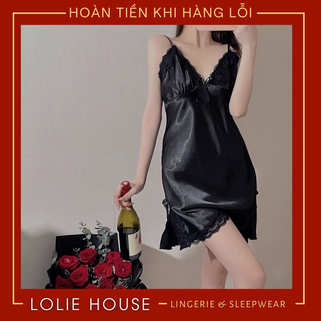 Váy ngủ lụa sexy phối ren cao cấp Đầm ngủ lụa mặc nhà sexy gợi cảm cho nữ LOLIE HOUSE - VN37