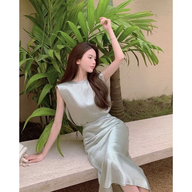 Set bộ lụa satin áo tank top ba 3 lỗ không tay+chân váy midi dài ôm