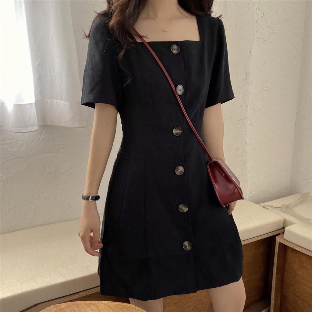 Đầm đen cổ vuông thiết kế phong cách Hepburn Hàn Quốc | BigBuy360 - bigbuy360.vn