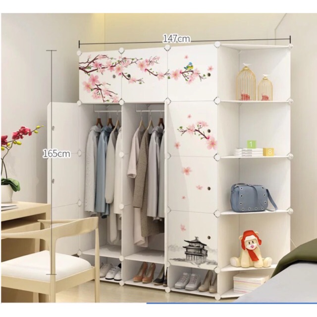 MẪU 2019- TỦ NHỰA QUẦN ÁO LẮP GHÉP 12+3 Ô GIÀY VÀ 5 GÓC VÂT SÂU 47cm. Tặng 2 móc treo đồ. (xanh cốm mới cửa hoa đào)