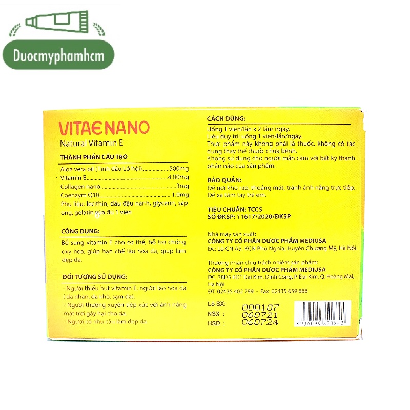 Vitamin E 400 Nano Tự Nhiên, Vitae Nano Tinh Chất Lô Hội- Đẹp Da Chống Lão Hóa, Hộp 30 Viên Nang