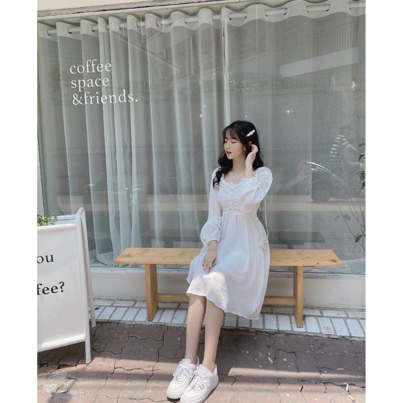 VÁY TRẮNG MIDI DÀI TAY ĐÍNH NGỌC by hanadressofficial