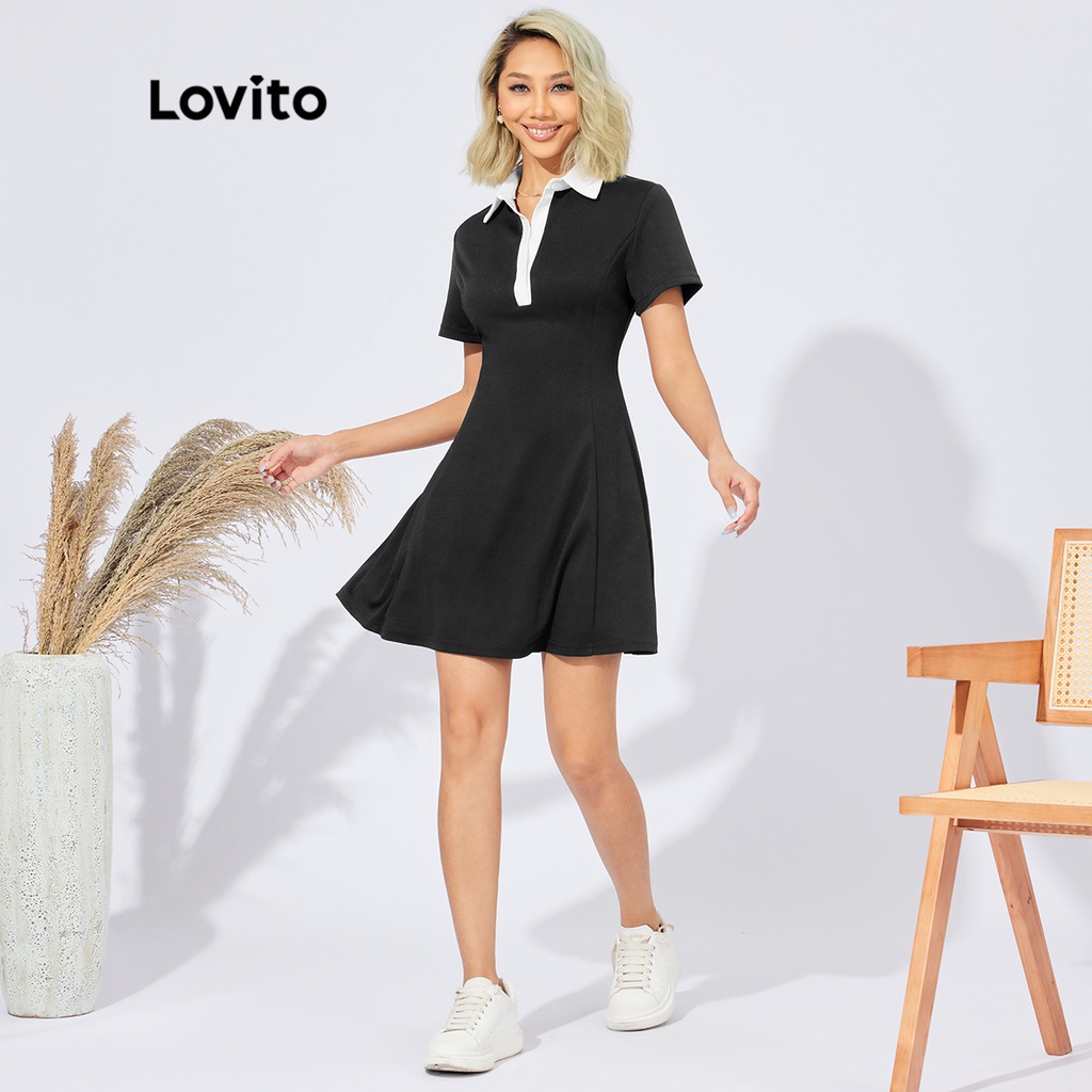 Lovito ĐầM Xòe Trơn Màu Trơn Tương PhảN L22AD073 (Đen)