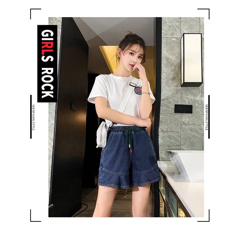 quần short jean nữ lưng thun dây rút ống bèo bao xinh size lớn 70-90kg