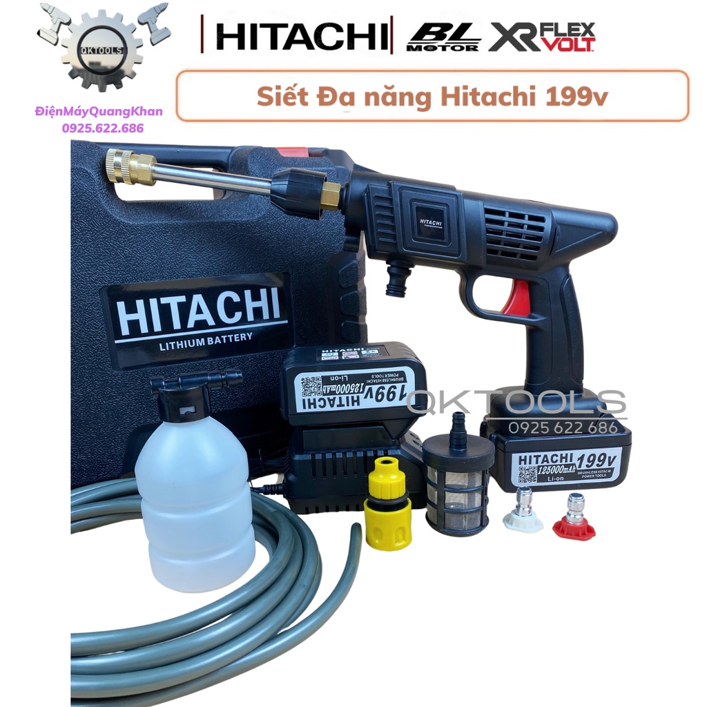Máy rửa xe dùng pin mini Hitachi 199v, Máy xịt rửa tăng áp lực cao 1400W