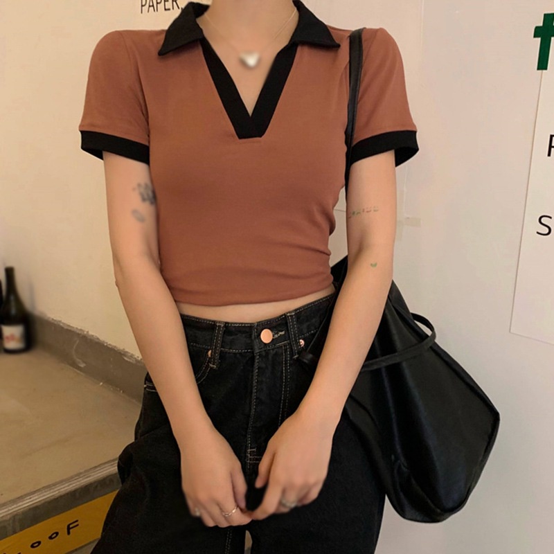 Áo Thun Polo Tay Ngắn Cổ Chữ V Màu Sắc Tương Phản Dành Cho Nữ Size S-XL