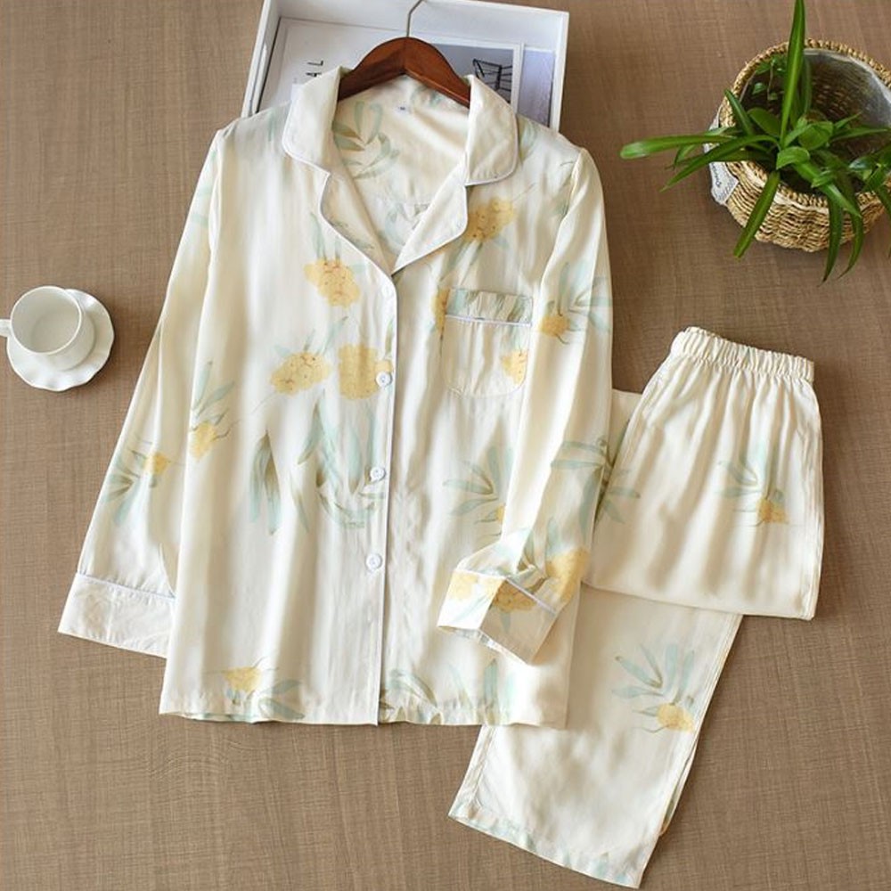 Bộ Đồ PyJama Lanh Lụa Mặc Nhà Dài Tay Chất Mát, Thời Trang Azuno PAZ2011