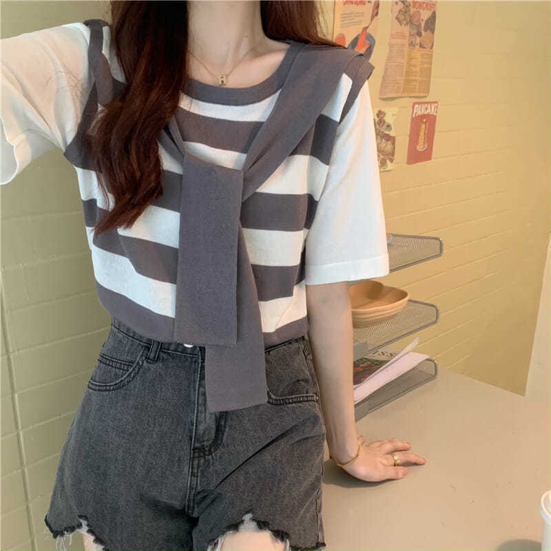 Áo Thun Giả Hai Lớp Phối Khăn Choàng Kẻ Sọc Dáng Rộng Thời Trang Mùa Hè Mới Dành Cho Bạn Nữ