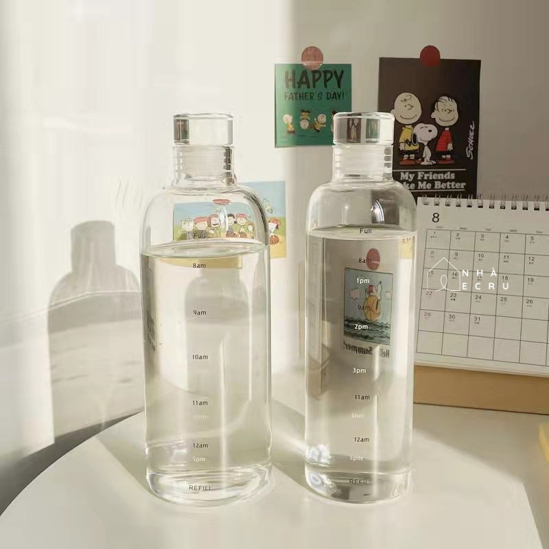 Bình nước thủy tinh trong suốt cao cấp có vạch giờ kèm túi đựng bình 500ml 700ml