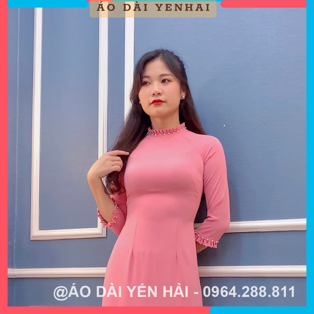 Áo dài truyền thống thiết kế đính hạt mới màu hồng trẻ trung | HT21