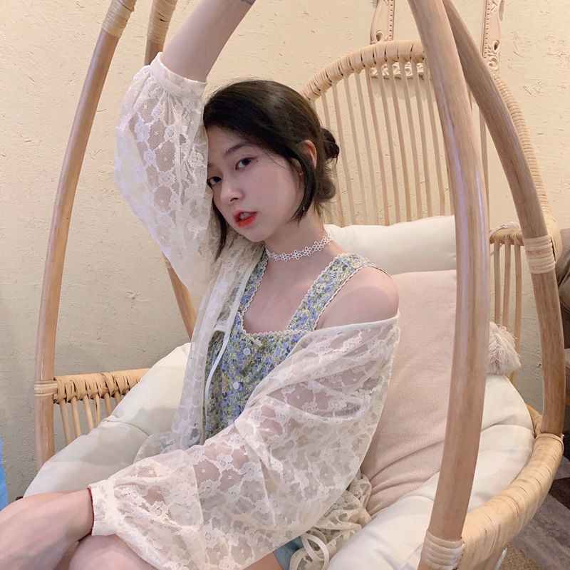 Set áo khoác ren dài tay + áo hai dây hoa phong cách Hàn Quốc xinh xắn cho nữ (có bán lẻ)