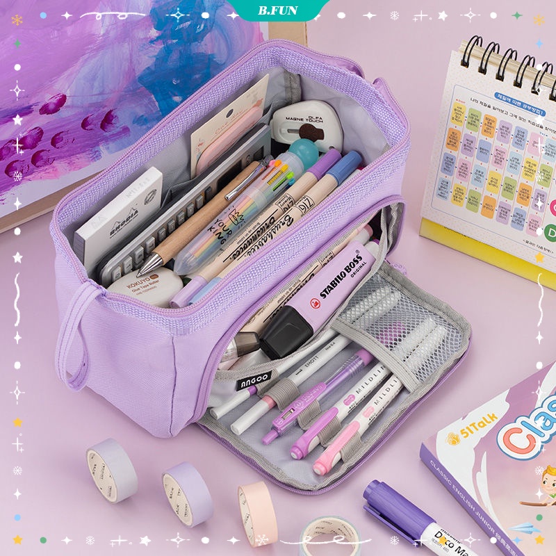 Túi Đựng Bút/Mỹ Phẩm Vải Canvas Hai Khóa Kéo Cỡ Lớn Tiện Dụng