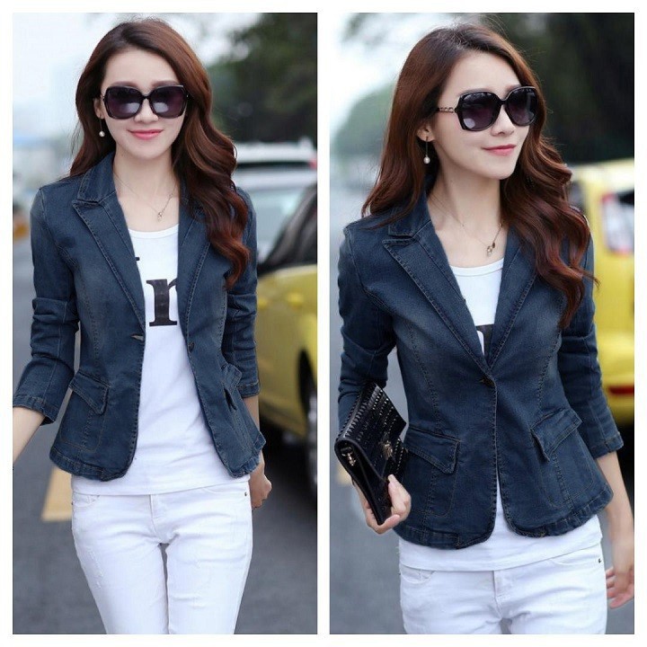 Áo Khoác Vest Jean Nữ Cổ Bẻ Thời Trang