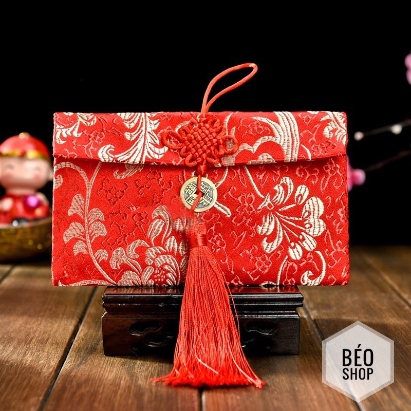 Bao lì xì vải gấm Béo shop phong bao đỏ cao cấp mừng tuổi quà tặng lễ tết , cưới hỏi , nạp tài thêu họa tiết rồng phượng