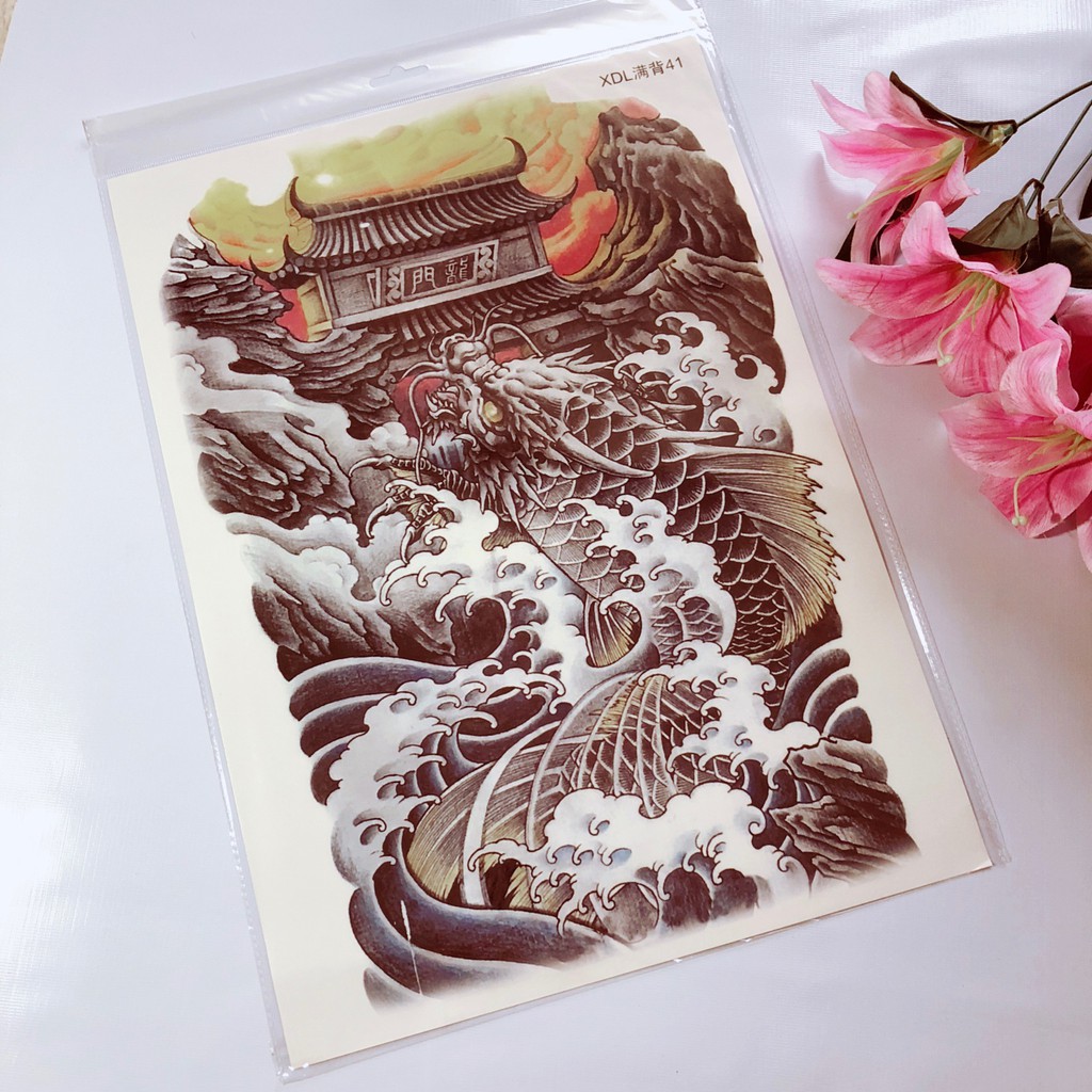 Hình xăm dán kín lưng cá chép hóa rồng vượt vũ môn quan màu 34x48cm- tặng bắp tay tattoo 15x21cm