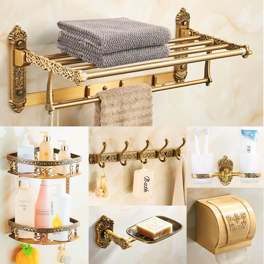 Bộ phụ kiện giá treo 6 món phòng tắm phong cách tân cổ điển cao cấp - Bằng hợp kim nhôm mạ đồng cổ 3 lớp, không oxy hóa