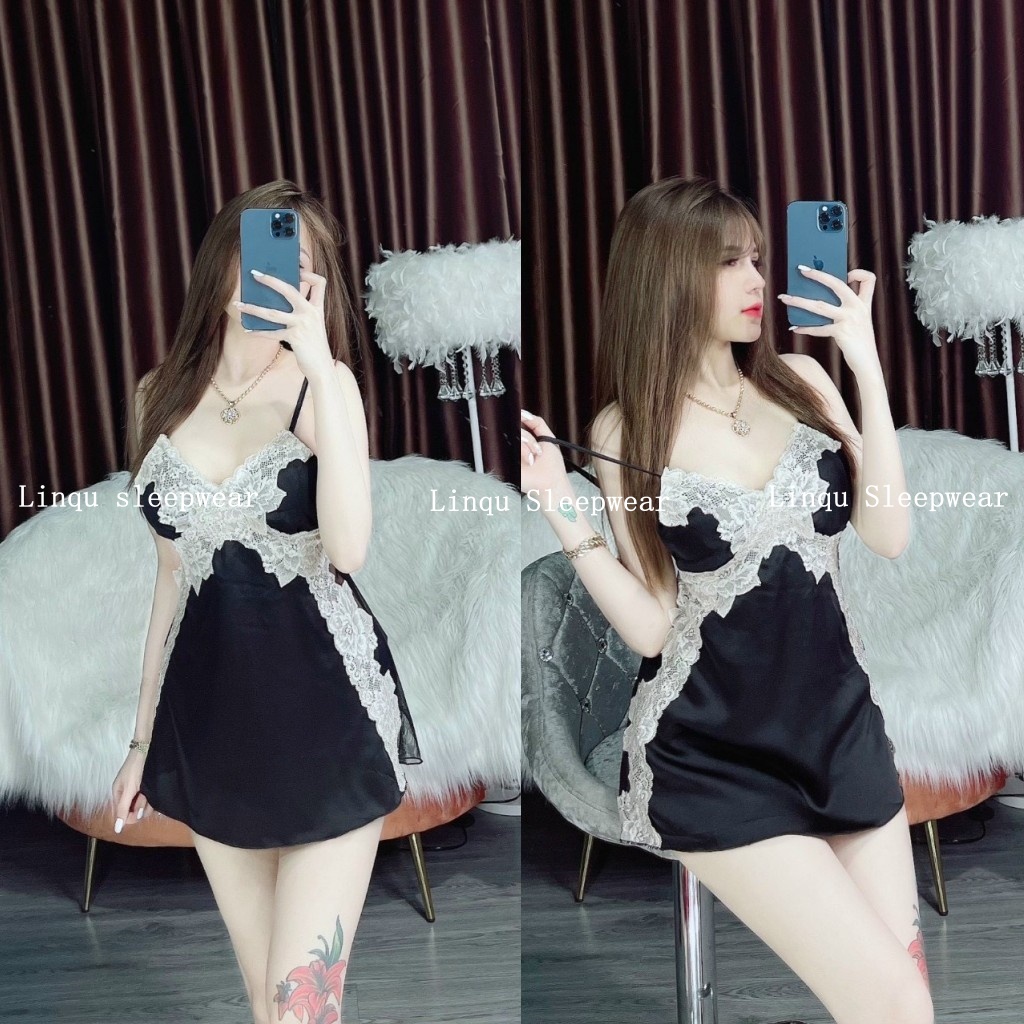 Váy ngủ nữ sexy phối ren hai bên chất lụa satin mềm mát mặc ngủ sexy Freesize &lt;55kg-Linqu Sleepwear