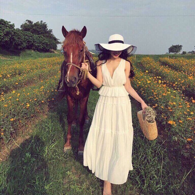 Đầm maxi peplum trắng vàng