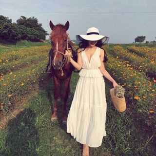 Đầm maxi peplum trắng vàng