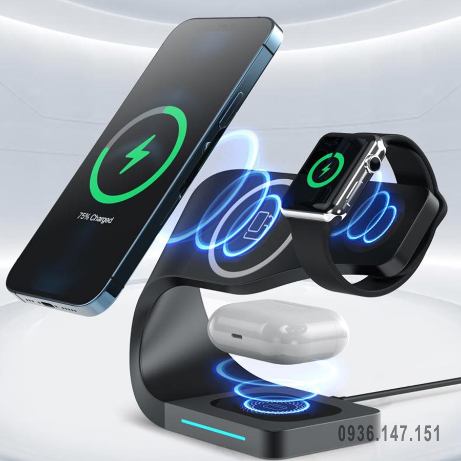 Đế sạc không dây 15W 3 trong 1 sạc nhanh cho điện thoại, tai nghe bluetooth, smart watch hỗ trợ sạc không dây