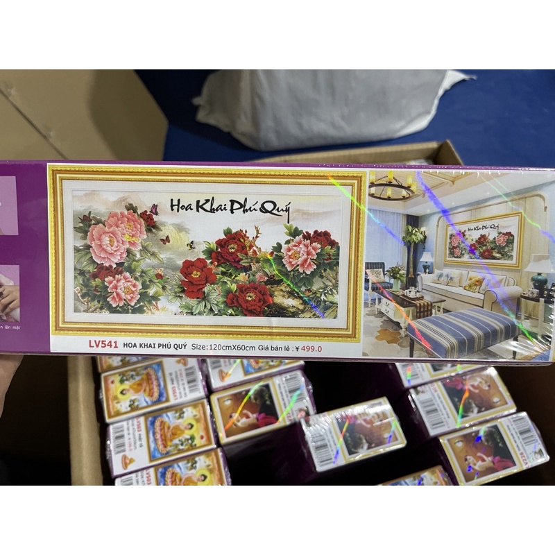 Tranh Thêu Hoa khai Phú Quý Lv3401- Tranh Đính Đá Hoa khai Phú Quý Lv541