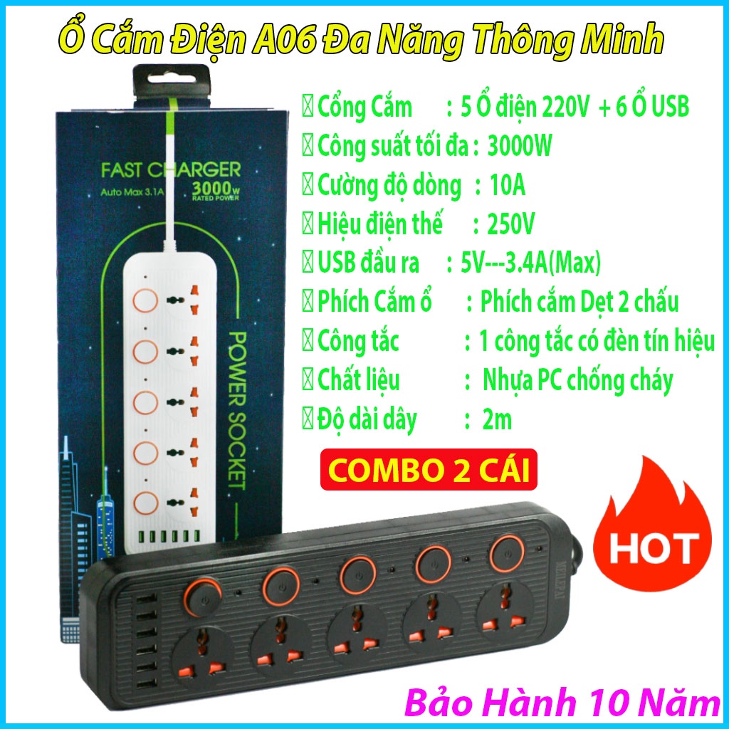 Combo 2 CáiỔ cắm điện đa năng A06 - ổ điện có 6 cổng usb sạc pin chuyển đổi thông minh chống giật