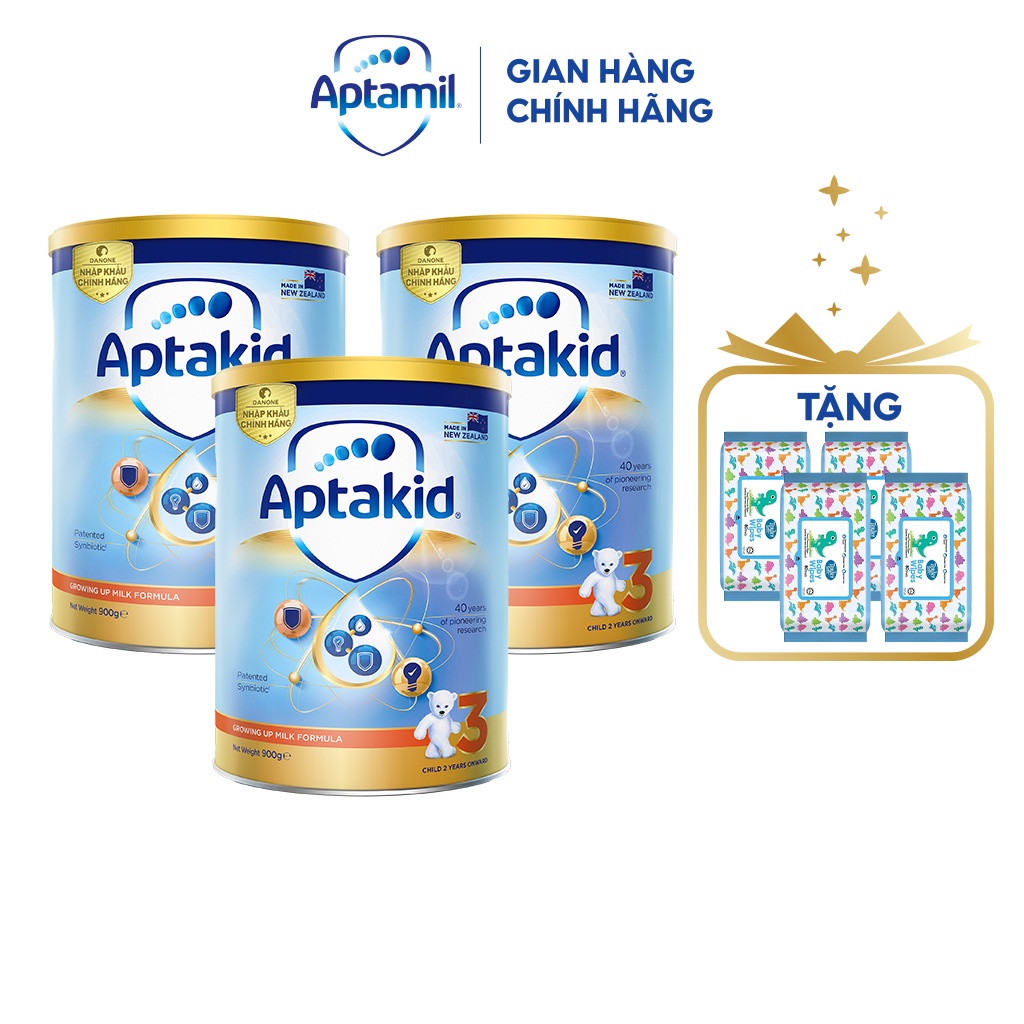 Combo 3 Sữa bột Aptakid New Zealand hộp thiếc (900g/lon) cho bé từ 24 tháng tuổi + TẶNG Combo 4 Khăn ướt Tendersoft