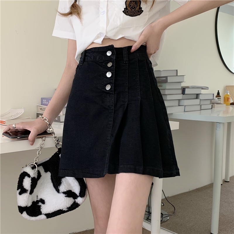 Chân Váy Bò Jeans Denim Ngắn Xếp Ly Cách Điệu Phối Cúc Dọc (CÓ ẢNH THẬT, HÀNG CÓ SẴN) | BigBuy360 - bigbuy360.vn