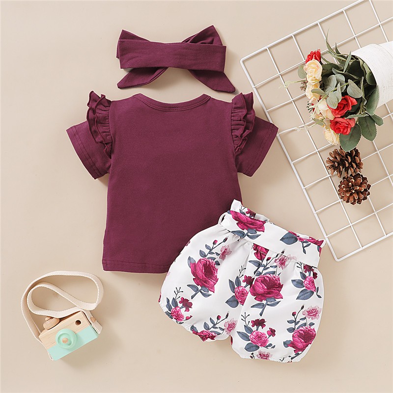 Set Đồ Mùa Hè 3 Món Gồm Áo Cotton Tay Cộc + Quần Ngắn In Hoa + Băng Cài Đầu Cho Bé Gái 1-5 Tuổi
