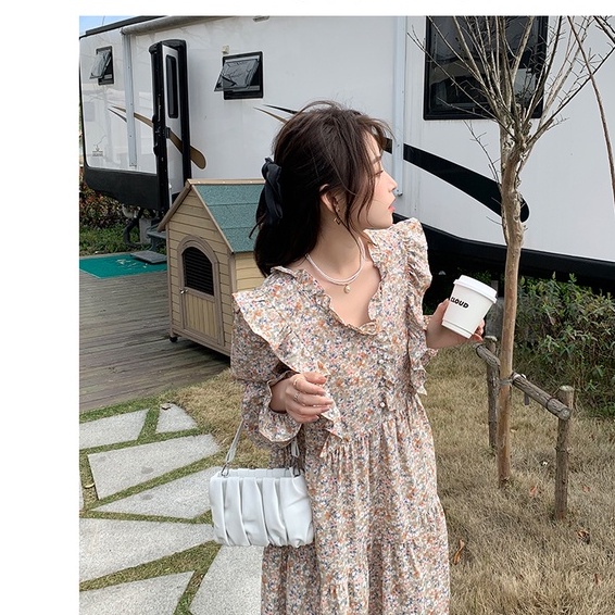 Váy hoa nhí dáng dài phong cách vintage siêu xinh hoa hồng tay dài