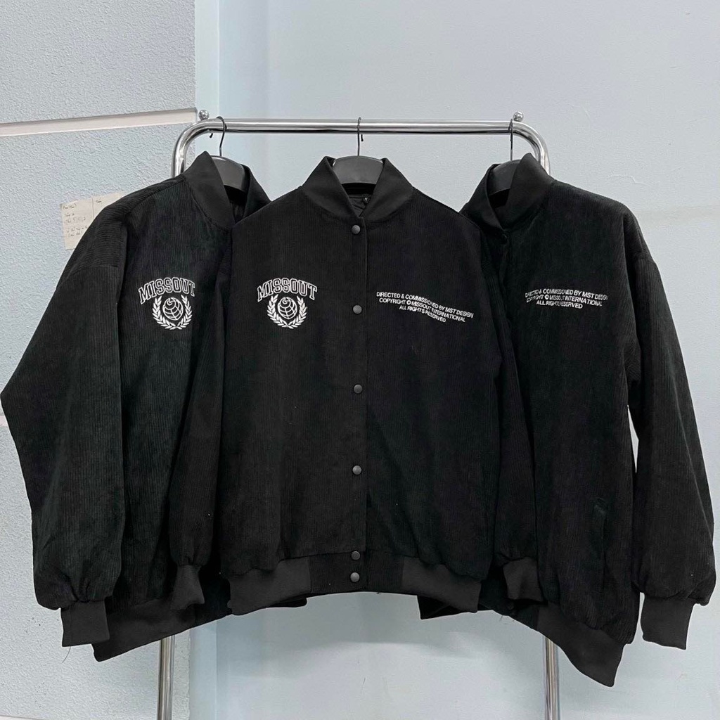 Áo khoác bomber nam nữ missout typo unisex , varsity jacket local brand , áo bóng chày nhung tăm 2 lớp - Gin Store
